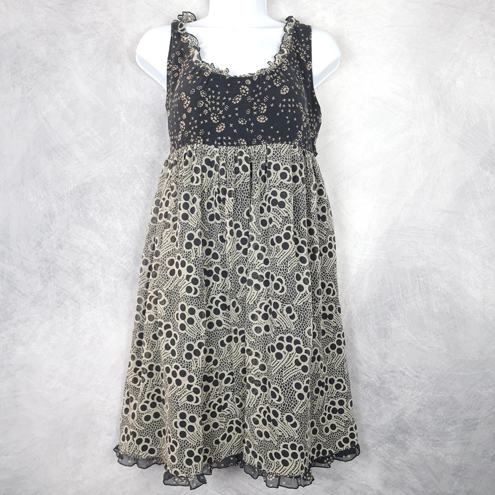Anna Sui Anthropologie Dress Womens 4 Black Silk Ruffle Floral Babydoll Y2K